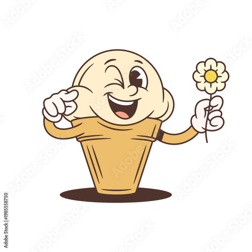 A winking retro ice cream cone cartoon character holding a flower. A friendly vintage food mascot perfect for summer themes. A sweet dessert vector illustration for logos, stickers, and branding