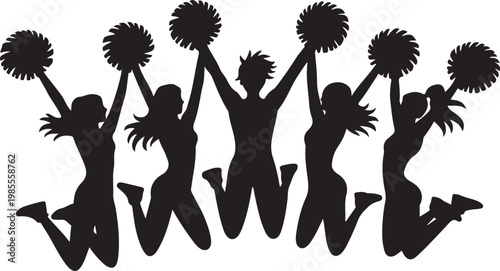 Silhouettes of cheerleaders (jumping girls with pompoms), isolated. Vector illustration