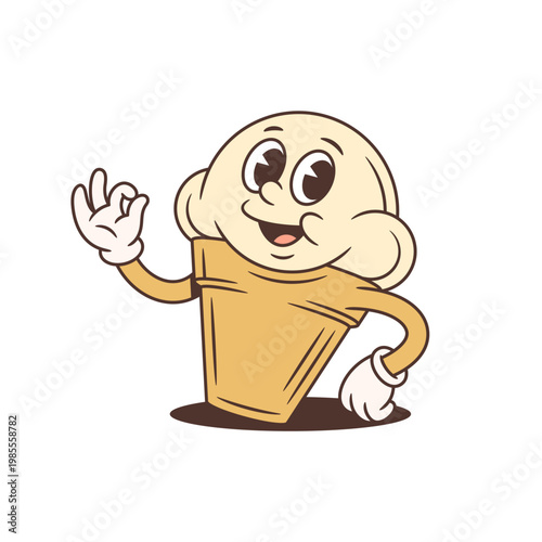 A friendly retro ice cream cartoon mascot showing an OK hand gesture for perfection or quality. A delicious and positive character vector illustration for food branding and summer fun
