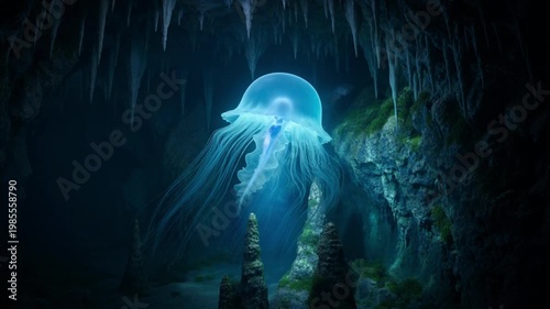 Ancient myth creature glowing jellyfish in a dark underground cave