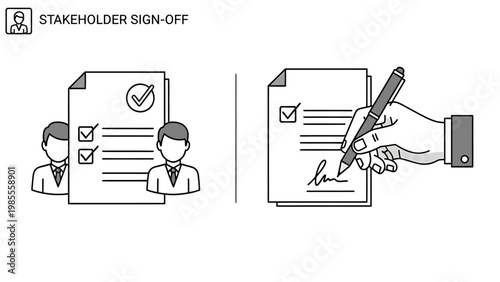 Business agreement concept showing stakeholder sign off process with document approval and human hand signing a legal contract with a pen agreement contract signature approval business document