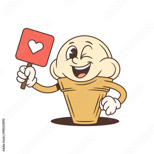 A winking retro cartoon ice cream mascot holding a sign with a heart symbol. A playful food character vector illustration, great for social media likes, Valentine's, or showing love