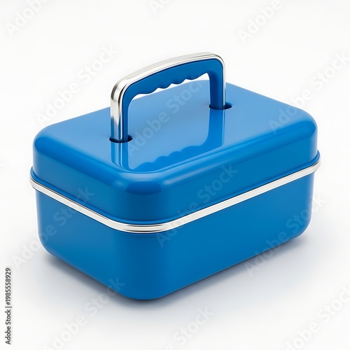 A bright blue vintage-style vanity case with a chrome handle and trim on a white background.