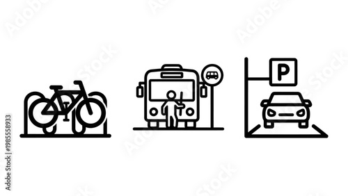 Public transportation and parking icons featuring bicycle rack bus stop car parking space urban planning eco friendly line art icon set black and white graphic resource transportation