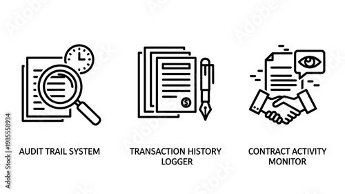 Business process management icons for audit trail transaction history logger contract activity monitor magnifying glass record keeping data flow transaction contract activity management
