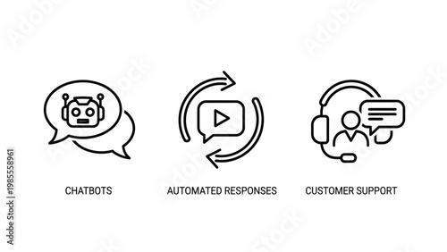 Linear icon set representing chatbots automated responses and customer support services for digital business and online communication platforms with automated response customer assistant business