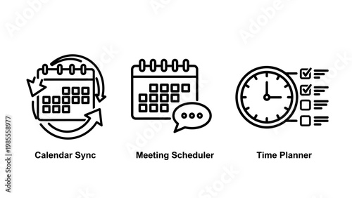 Digital calendar synchronization meeting schedule time planner icons for organization with calendar schedule organizer appointment management planning deadline reminder checklist communicatio