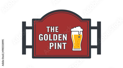 Flat pub sign with red background, golden pint text, and beer mug
