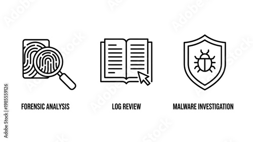 Line art icons representing forensic analysis log review malware investigation illustrating key concepts in cybersecurity and digital threat protection with magnifying glass mouse pointer forensic