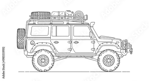 Off-road expedition vehicle with roof rack and spare tire in line art style ready for adventure in the wilderness exploration