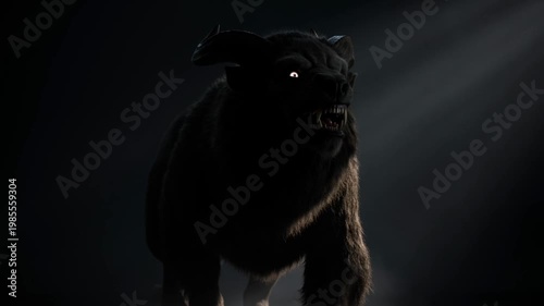 Ancient myth creature silhouette with glowing eyes and horns