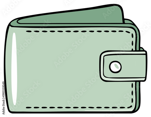 Illustrated light green bifold wallet with button snap closure and stitching details