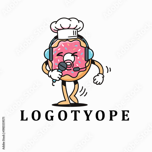 Singing Donut Chef Mascot Logo with Headphones and Microphone Cartoon Character