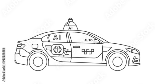 Outline illustration of autonomous taxi car with AI brain and auto lettering for smart transportation and future technology concept