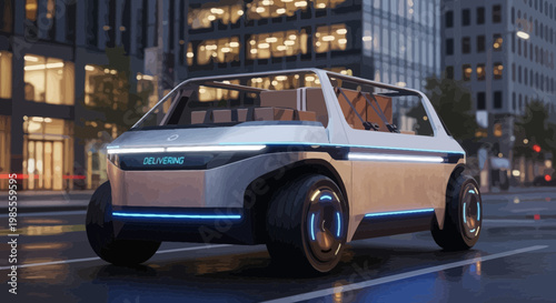 Futuristic electric delivery vehicle driving on city street at night in cartoon style illustration; autonomous car with glowing blue lights