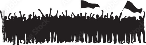 Silhouette of crowd, energetic unity celebration, waving flags. people silhouette, people gathering, expressing protest or cheer vector