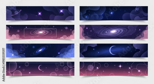 Collection of cosmic galaxy banners with stars and nebulae dreamy space background for web design and digital art dark blue and purple gradient