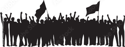 Silhouette of crowd, energetic unity celebration, waving flags. people silhouette, people gathering, expressing protest or cheer vector