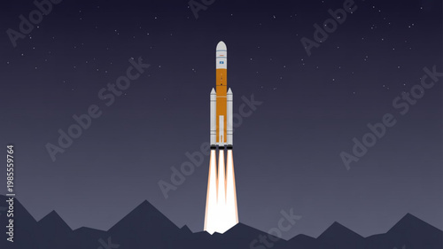 Rocket launching into a starry night sky with mountain range symbolizing space exploration and adventure