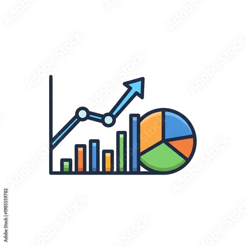 Upward trending bar chart and pie chart with blue and orange segments on white graph