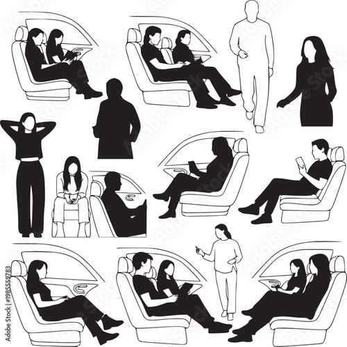 diverse passengers relaxing in airplane seats flat vector illustration for travel and transportation