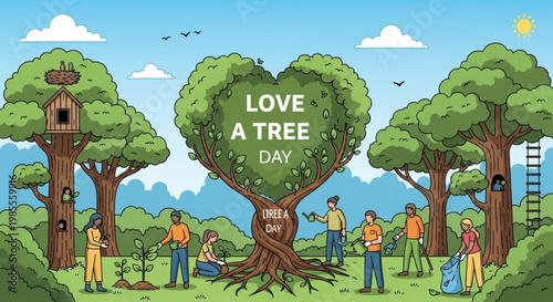 People planting trees and caring for nature heart-shaped tree with Love A Tree Day text symbolizing environmental protection and community effort flat illustration style