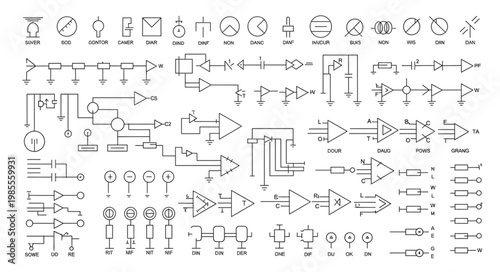 Collection of electronic circuit diagram symbols and components.