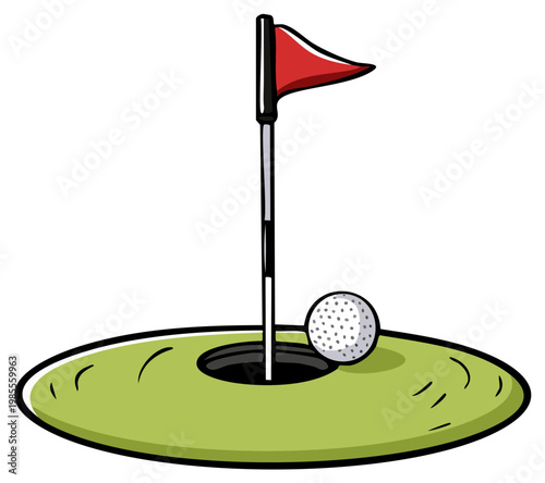 Golf hole with flag and ball on green grass, illustration