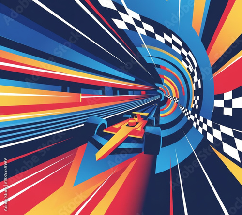 Vibrant and dynamic illustration capturing the intense speed of a formula race car on an abstract track, showcasing exhilaration and competitive spirit with colorful motion blur