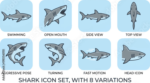 Shark animal icon set featuring 8 variations including swimming, attacking, dynamic motion, side view, and shark head icon. Flat vector illustration with clean lines isolated on white background.