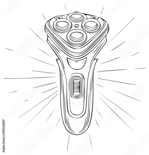 Electric shaver illustration with a rotary head with radiating line art for graphic design