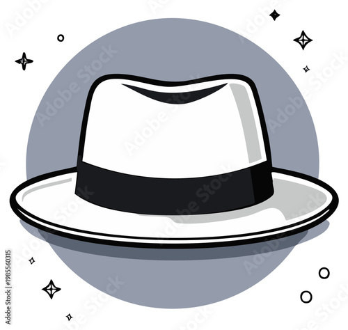 Classic white fedora hat with black band and circular background design