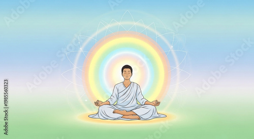 Man meditating in lotus pose with colorful aura and geometric patterns representing spiritual enlightenment and inner peace ideal for wellness and yoga concepts