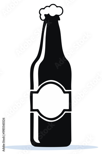Stylized Beer Bottle Illustration: Black and White Icon with Label and Foam. Refreshment and Pub Sign