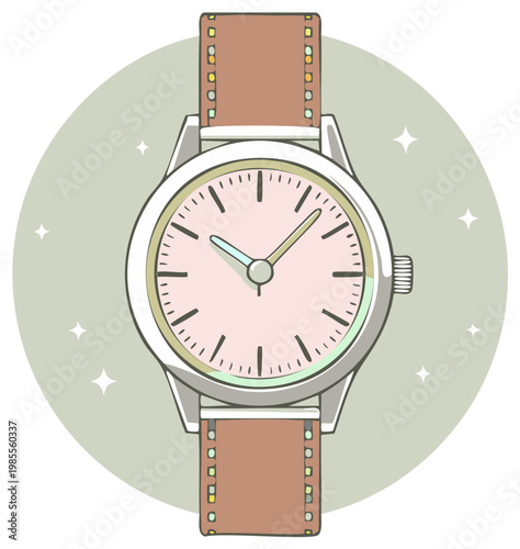 Classic wristwatch with a pink dial and brown leather strap featuring a minimalist design