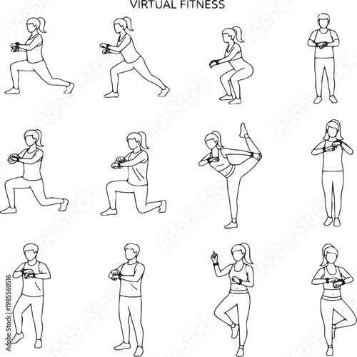 Vector illustration of diverse people exercising in virtual fitness workout at home