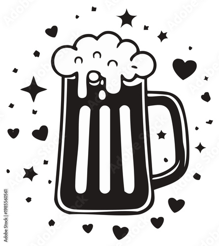 Black and White Illustration of Beer Mug with Foam and Decorative Elements