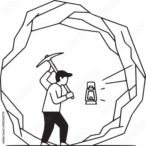 Man chopping firewood inside geometric cave illustration minimalist black and white line art