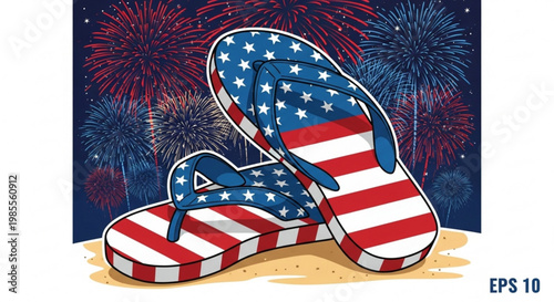 American flag flip flops on sand with fireworks background celebrating Independence Day or summer holiday festive vector illustration