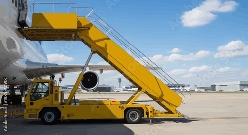 Aircraft passenger steps parked beside airplane on airport apron under a partly cloudy blue sky in cartoon style illustration