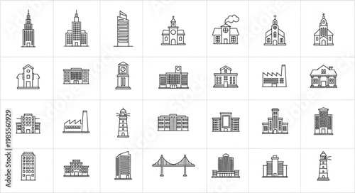 Collection of diverse architectural building icons in a grid layout.