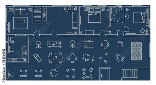 Blueprint architectural drawing of a house floor plan with furniture.