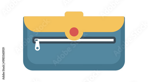 Flat yellow and blue clamshell pencil case with zipper and button closure