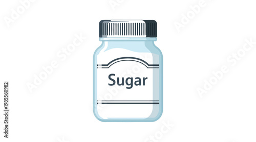 Light blue flat sugar jar with black lid and label