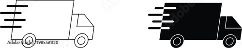 Fast delivery truck icons set, express shipping van vector illustrations, black and white logistics transport symbols for e-commerce and mail services