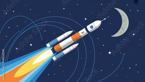 Rocket ship blasting off into space with vibrant flames and smoke trails against a starry night sky with a crescent moon