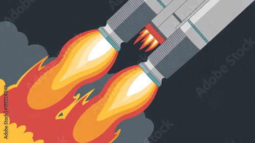 Rocket ship blasting off into space with fiery engines and smoke trails on a dark background