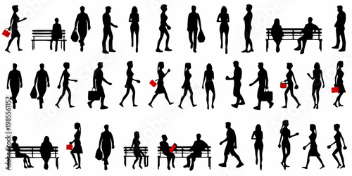 Diverse silhouettes of people walking sitting and carrying shopping bags