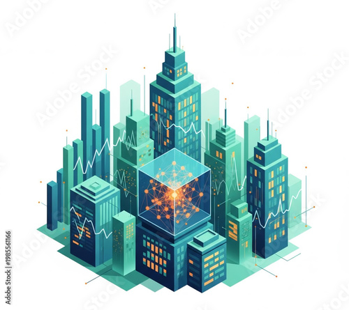 Isometric Smart City Urban landscape with modern buildings, data networks, and glowing technology, representing digital infrastructure and future development