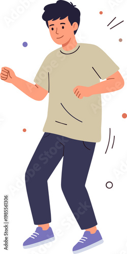 A man wearing a t-shirt is dancing with dynamic lines around him.